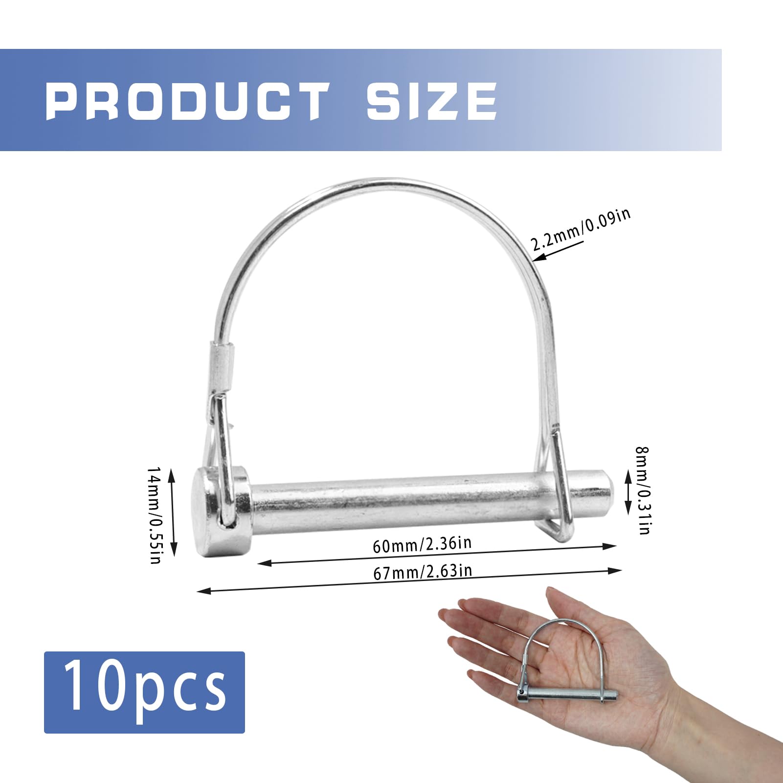 Goupille de Verrouillage M8 x 60mm, 10Pcs goupilles de sécurité Forme D, Goupille Remorque Carbone Galvanisé, Compatible avec Goupilles Agricole, Goupilles Clips pour Ferme Connecter des Remorques