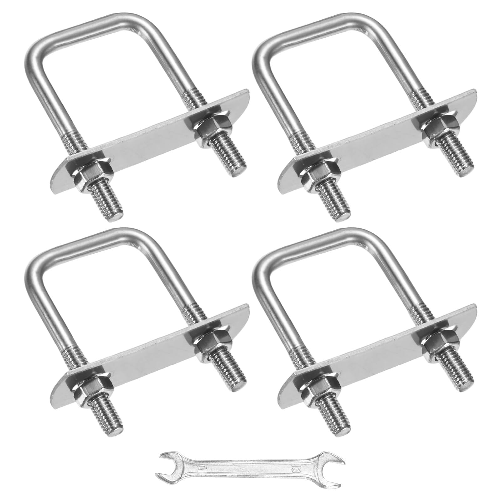 M METERXITY Square U-Bolts Kit (M6x25x50mm, Silver) 4Set Square U Shaped Bolts 304 Stainless Steel with Frame Plates & Nuts & Washers & Wrench, Apply to Ski/Board/Sailboat/Trailer
