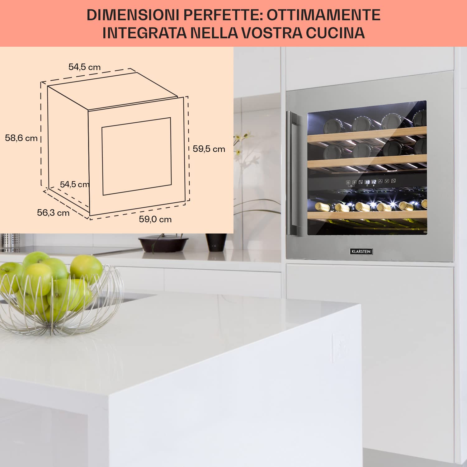KLARSTEIN Cantinetta Vino Design, Cantinetta Vino Refrigerata a Zona Doppia per Vino Rosso, Bianco e Birra, Controlli Touch, Frigo Vino Cantinetta per Esterno/Interno, 5-22°C, 85L, 36 Bottiglie