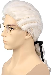Mens Judge Colonial Wig with Glasses Long Blonde Powdered Wavy Wig Costume Cosplay Halloween Party White Wigs (Beige)