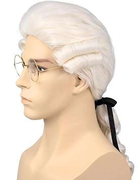 Bettecos Mens Judge Colonial Wig with Glasses Long Blonde Powdered Wavy Wig Costume Cosplay Halloween Party White Wigs Beige