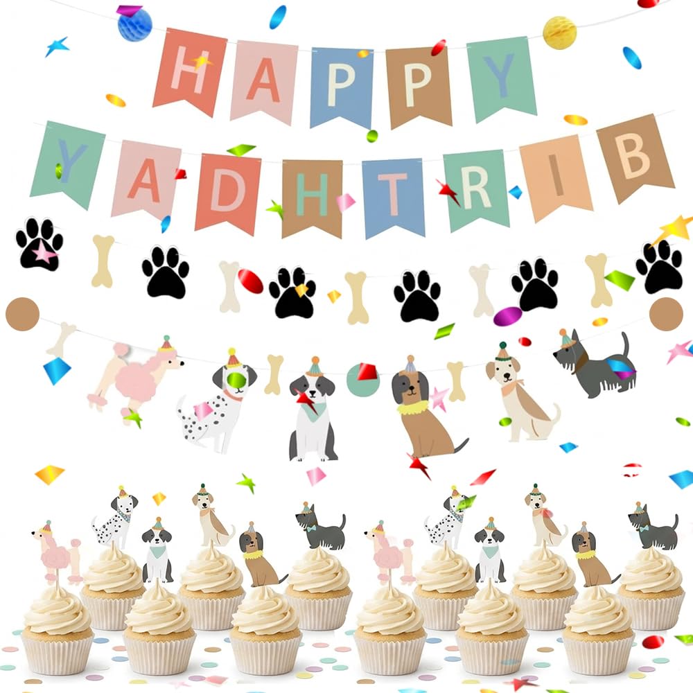Dog Birthday Decorations Set – Puppy Party Banner Paw Print Garland