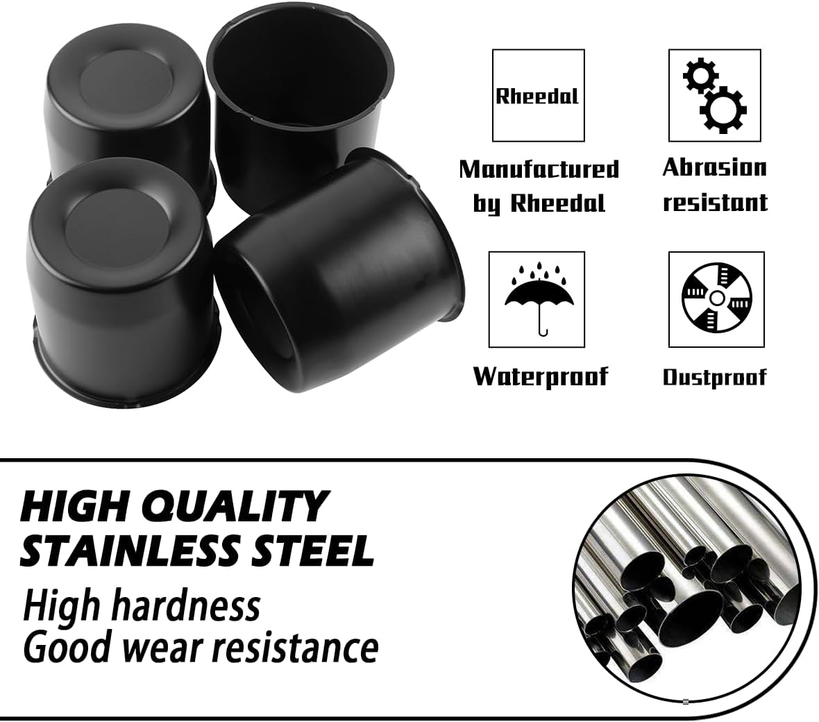 4Pcs 5.15inch Stainless Trailer Wheel Center Caps Push Through 5.15" Bore 4.92" Tall Hub Cap for Truck SUV RV Wheel Rim, Matt Black Wheel Cover