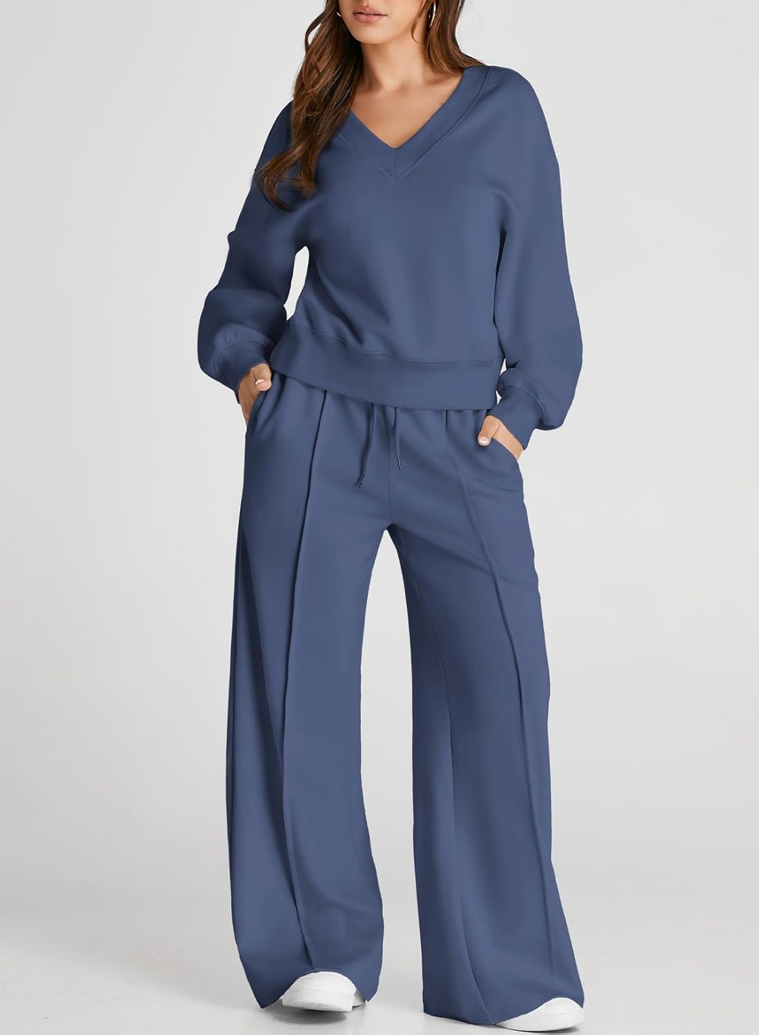 Herseas Women 2 Piece Outfits Sweatsuit 2025 Fall Casual V Neck Sweatshirt with Wide Leg Sweatpants Tracksuit Lounge Set - Image 5