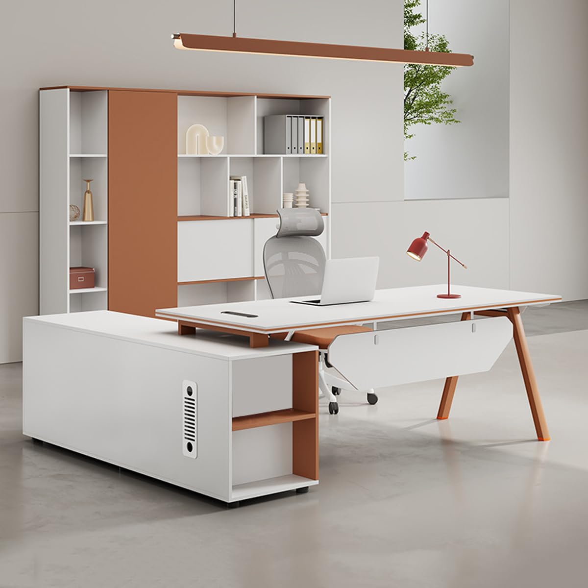 DUWEIKE L-Shaped Office Desk, Modern 2 Tone Manager Desk with Side Cabinet, Home Executive Office Table Computer Workstation for Work Study,Orange,1.8m