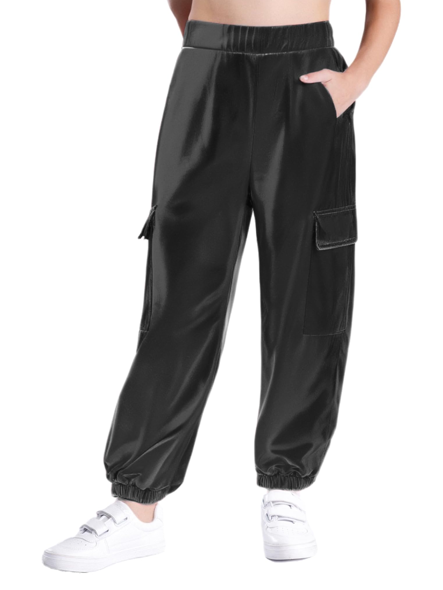 Freebily Pantalones De Cuero Metálico Brillante para Niñas Niños Pantalones Deportivos Elásticos para Jazz Hip Hop Pantalón De Baile Fiesta Discoteca