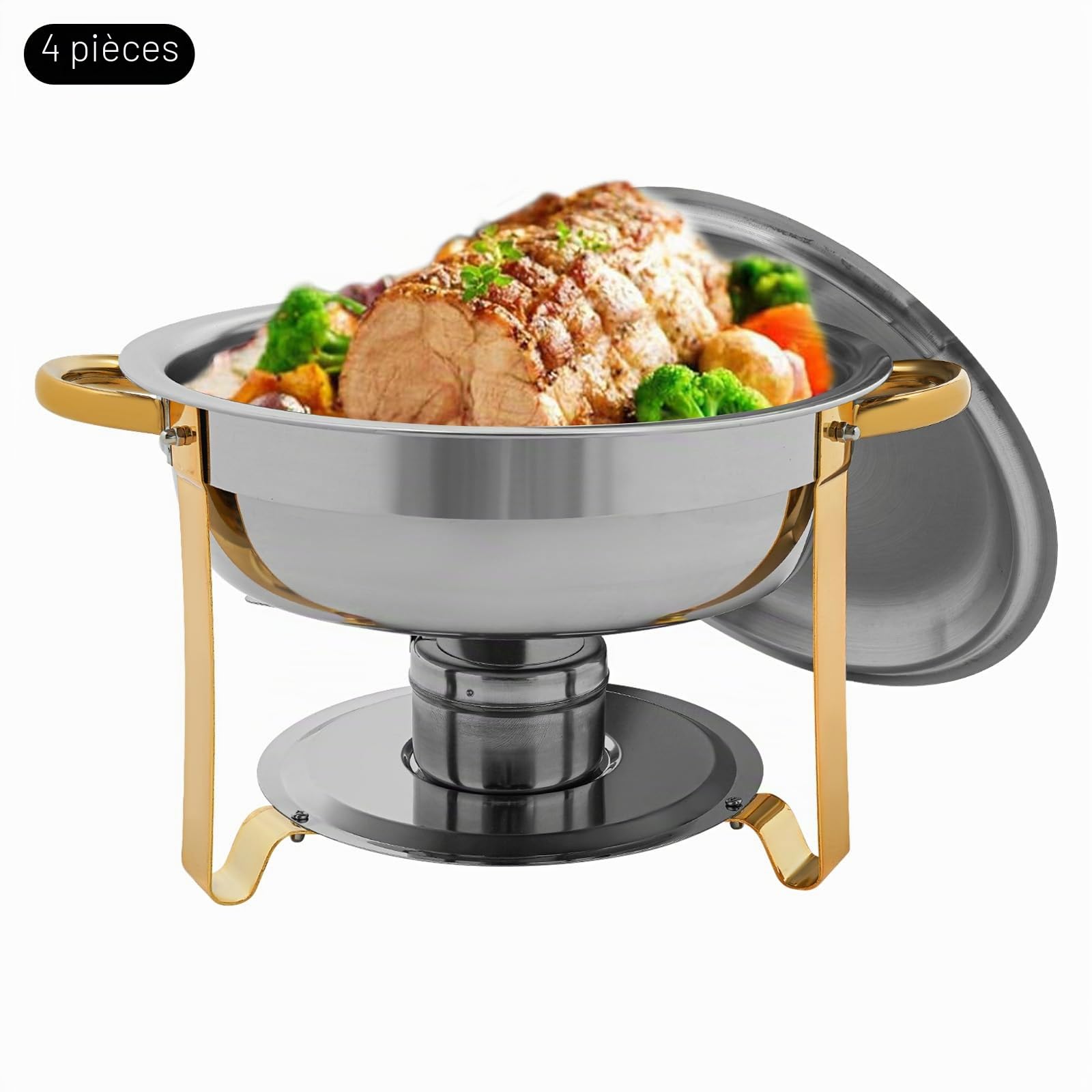 Lot de 4 Chauffe-repas Ronds, Ensemble Professionnel de Chauffe-plats avec Couvercle, 4,5L en Acier Inoxydable pour Buffet