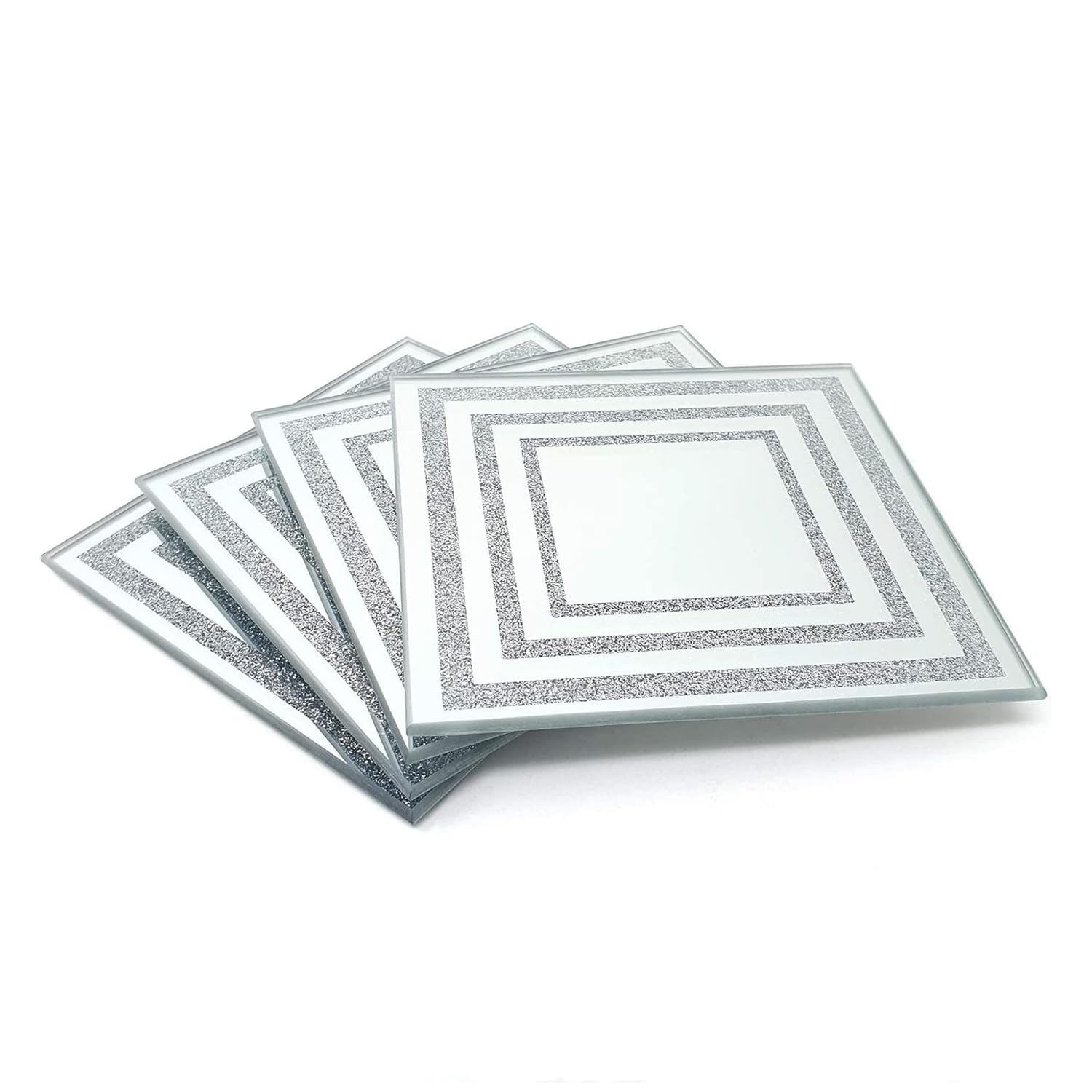 Deenz Line Center Glitter Set Of Coasters 10X10Cm Placemat 22X29Cm & Center Plate 20Cm Glass Mirrored Sparkle Dining Table Mats Kitchen Luxurious (4 Coasters)