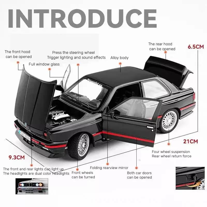 Image of WORSHIPER Big size1:24 B-M-W M3 E30 1988 1:24 diecast Metal Pullback Toy car with openable Doors & Light, Music Boys car for Kids Best Toys Gifts Toys for Kids (1:24 B-M-W M3 E30 - Black)