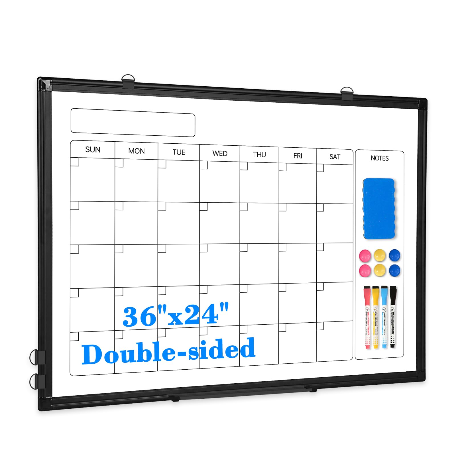 WALGLASS Monthly Calendar Dry Erase Whiteboard, 36" x 24" Magnetic Calendar White Board, Double-Sided Portable Board with Black Aluminium Frame for Office, Kitchen, School, Home