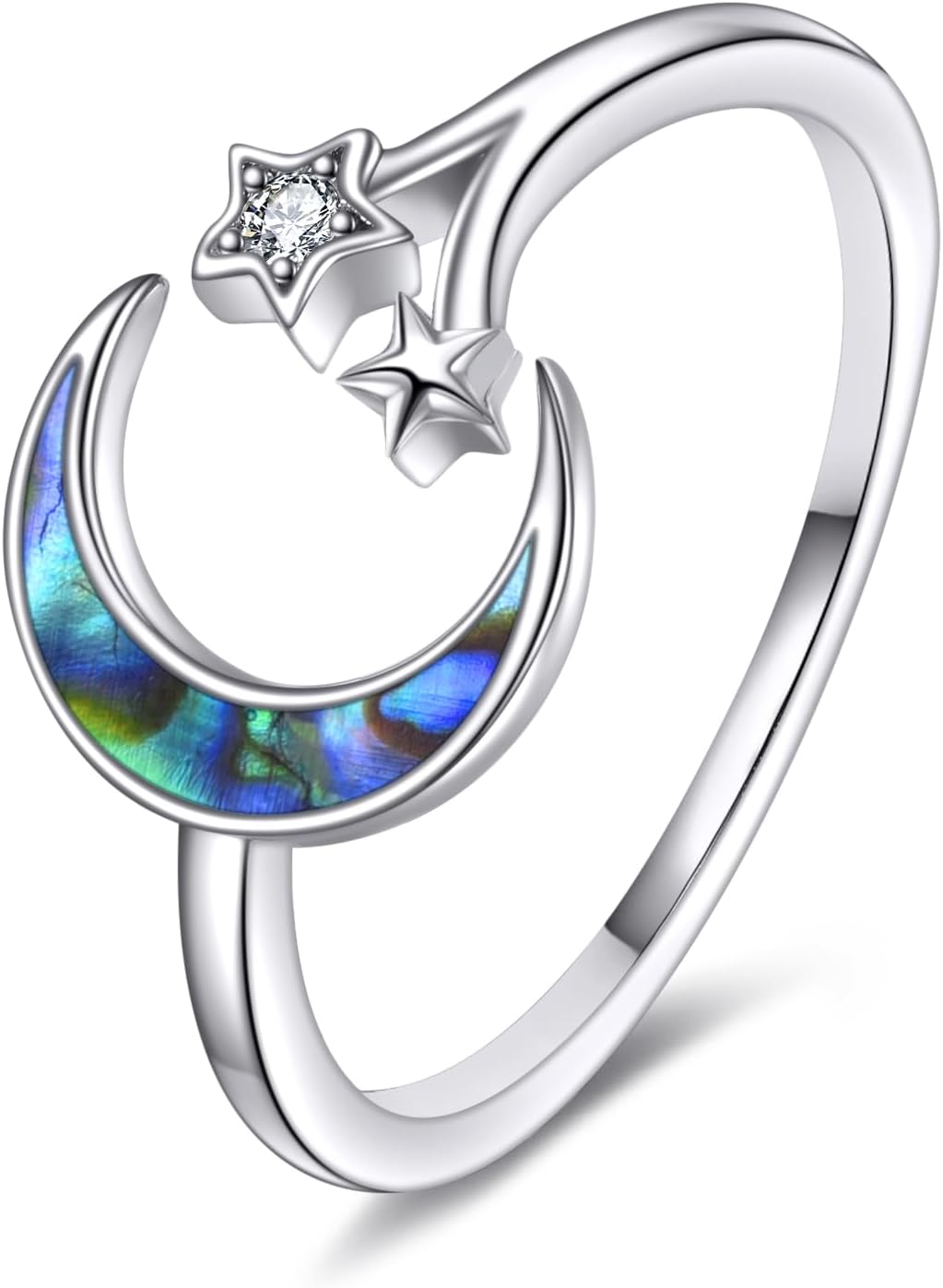 Moon Star Ring for Women 925 Sterling Silver Opal Crescent Adjustable Open Ring Celestial Jewelry for Girls
