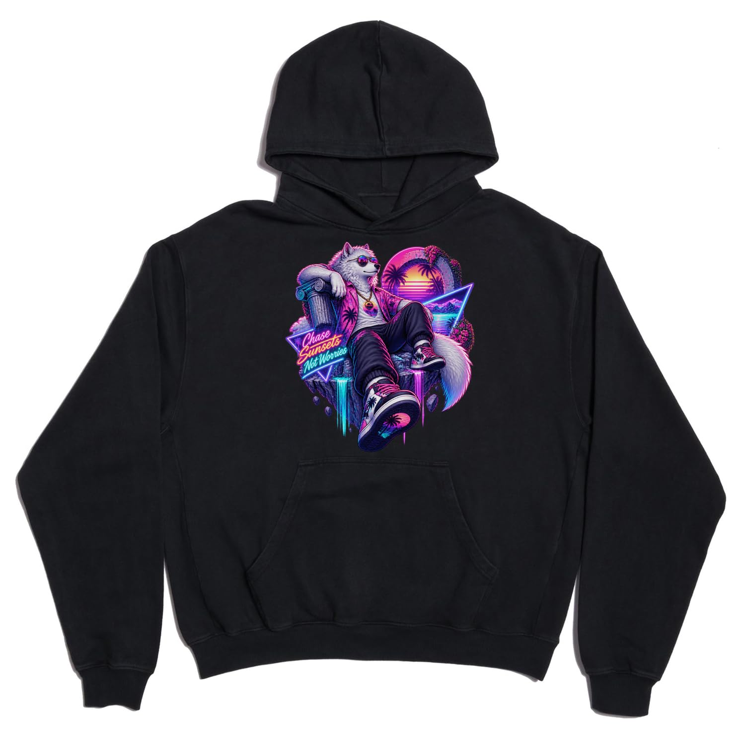Fajny wilk Relaksujący z neonowymi wibracjami unisex oversize ciężka mieszanka bawełny bluza z kapturem czarna