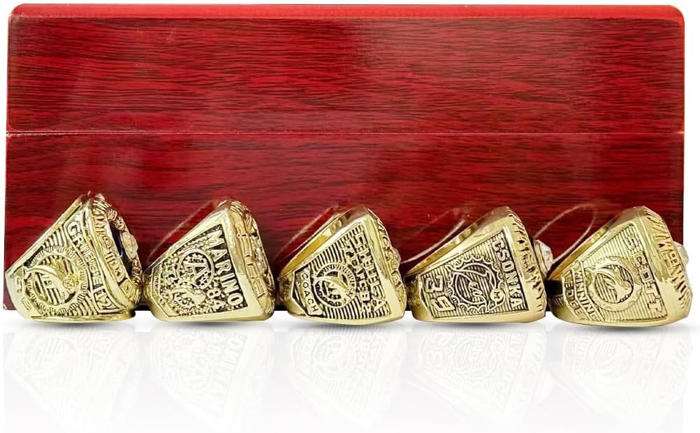GIFT SET MIAMI COMMEMORATIVE RINGS FOR1971 1972 1973 1982 1984 5-TIMES BASEBALL CHAMPIONSHIPS, 5 RINGS SET WITH 5-HOLE WOODEN DISPLAY BOX PACKAGING, HOLIDAY GIFT FOR BASEBALL FANS