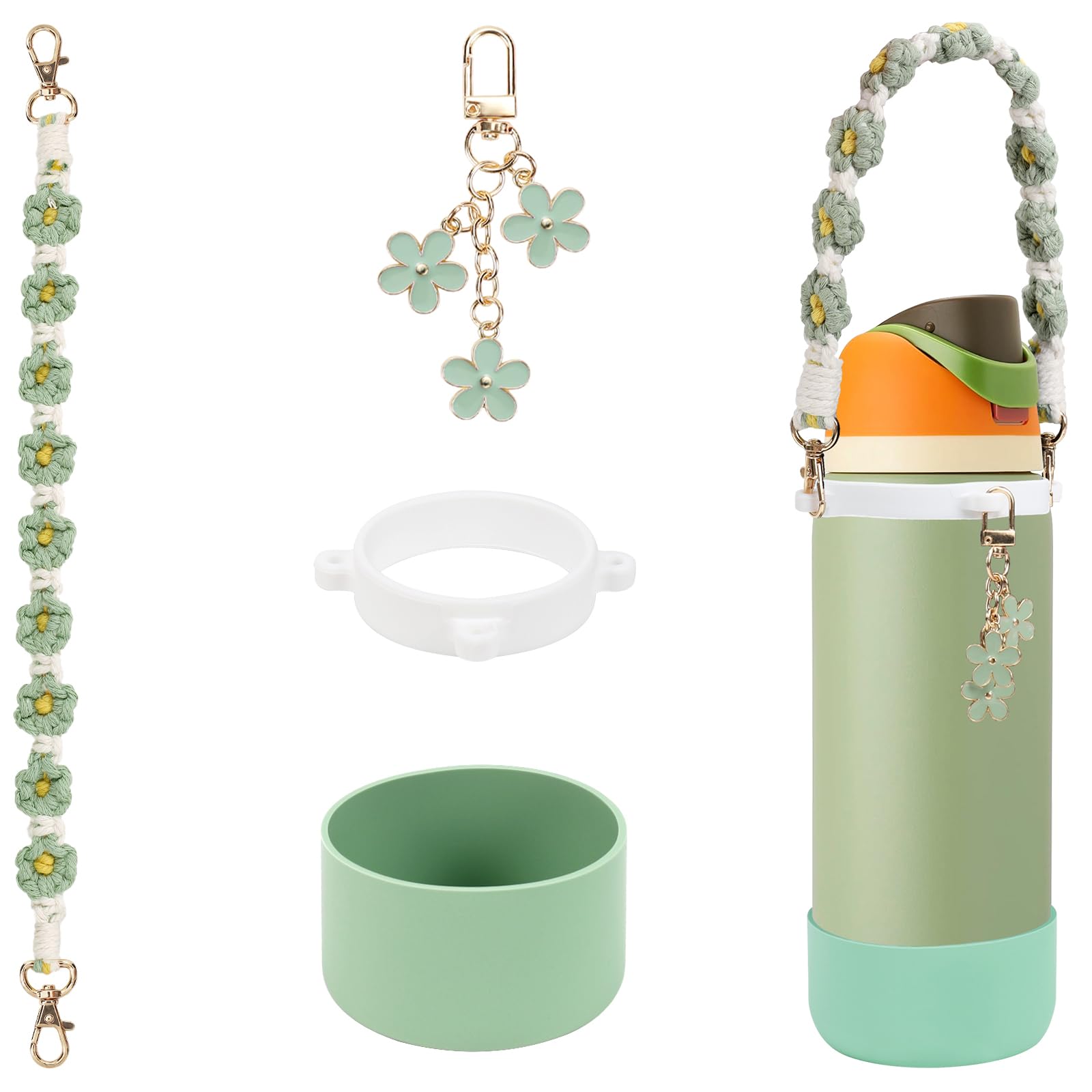 3tyto Comprehensive Compatible Owala Accessories Set: Silicone Boot for 24oz & 32oz Bottles, Water Bottle Handle Strap, Charms, Compatible Owala FreeSip (Green, 32 oz)