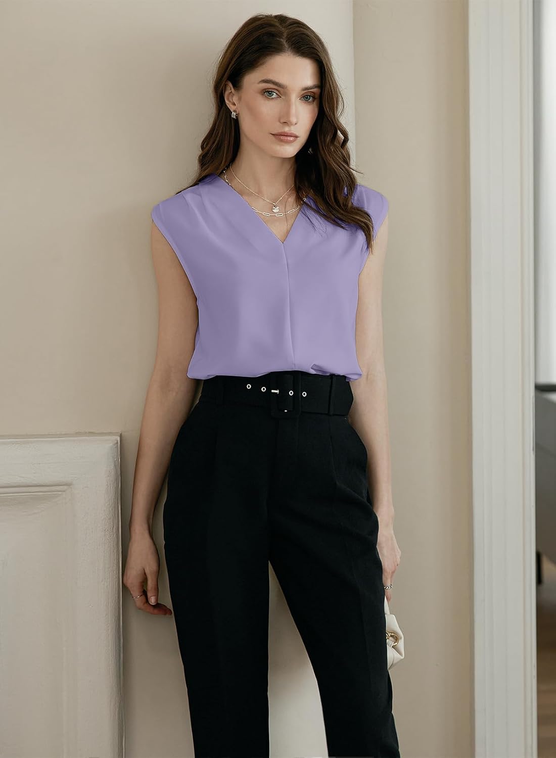 EVALESS Women's Pleated V Neck Sleeveless Tank Top - Image 2