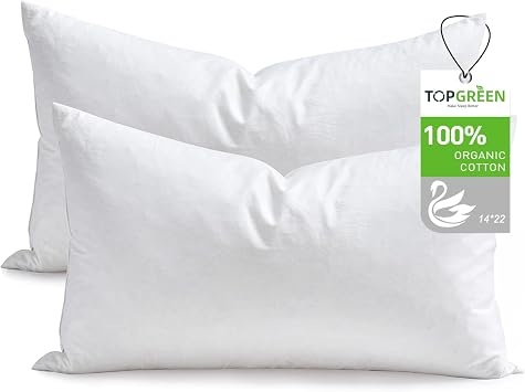 TOPGREEN Ogranic Feather Down Lumbar Pillow Insert 14x22, Pack of 2, White