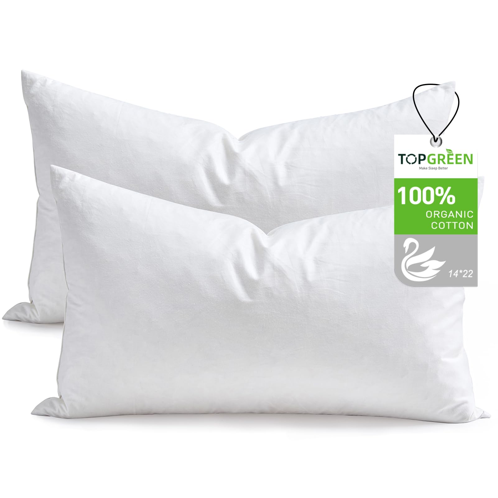 TOPGREEN Organic Feather Down Lumbar Pillow Insert 14x22, Pack of 2, White