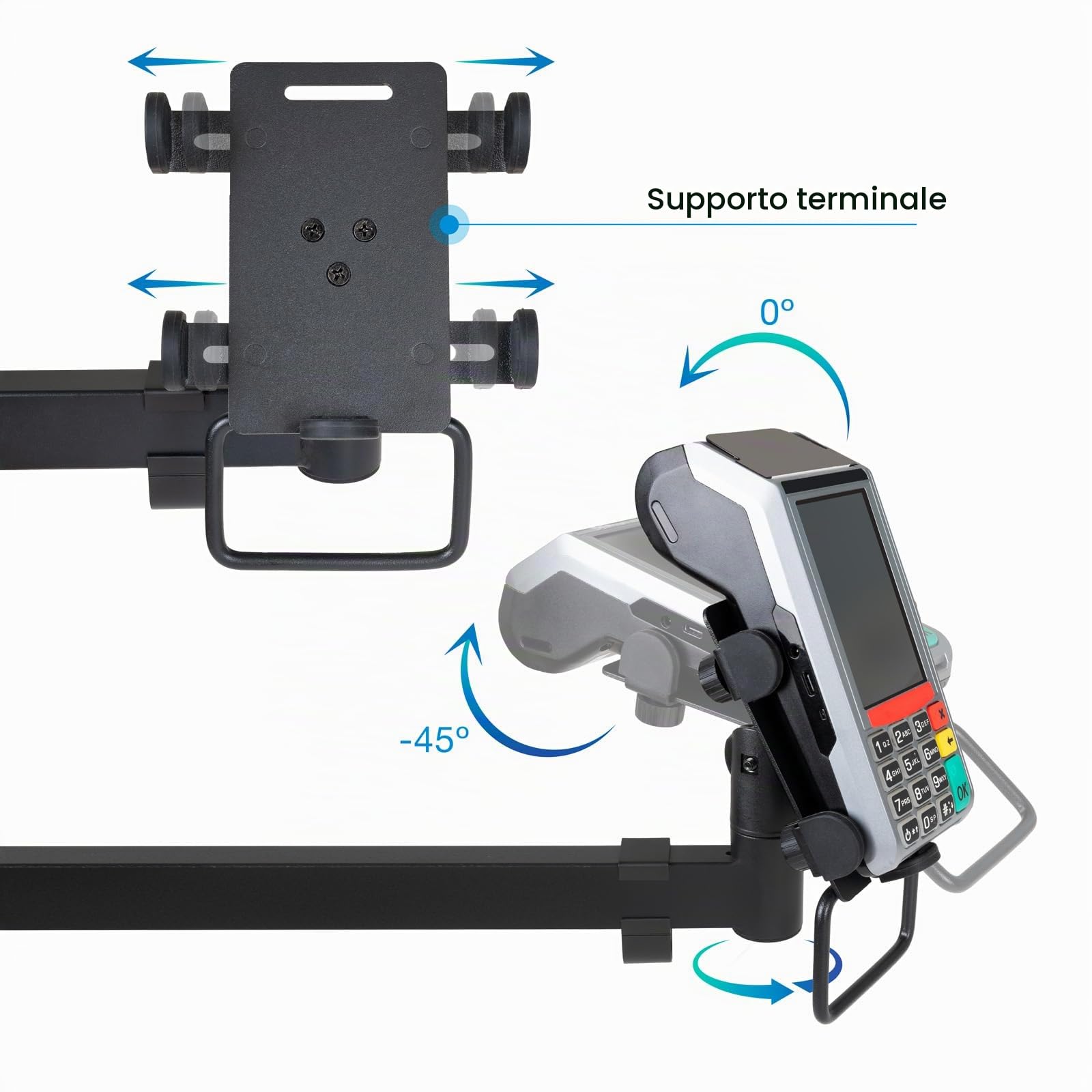 TooQ TQPM0002 - Supporto da tavolo regolabile per POS, consente l'installazione della stampante + 2 schermi da 17"-32" + terminale con lettore, nero