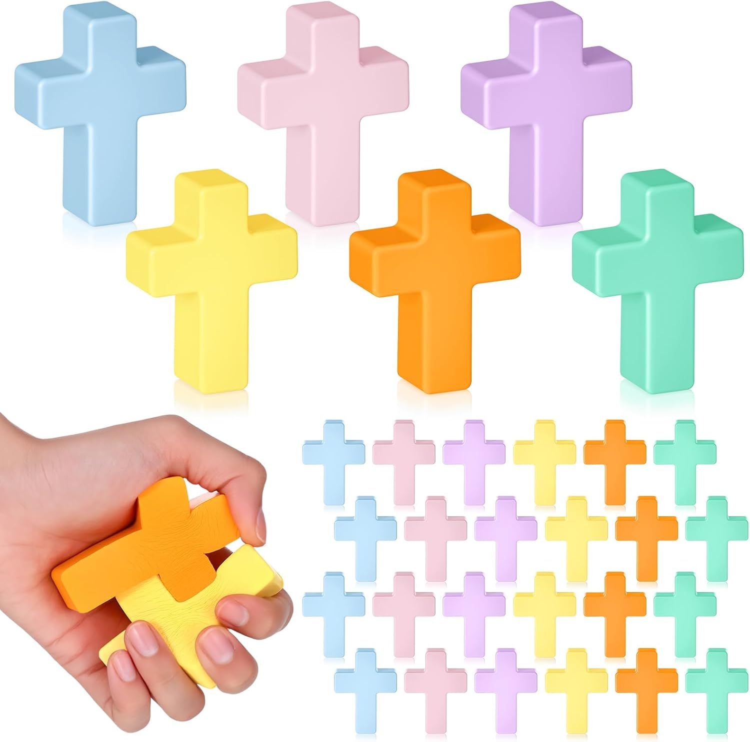 Shappy 24 Pcs Cross Stress Relief Toys Fidget PU Pocket Cross Bulk Stress Gifts for Adults Christian Small Therapy Fidget Relief Toys Easter Religious Baptism Party Favors(Macaron Color,Simple)