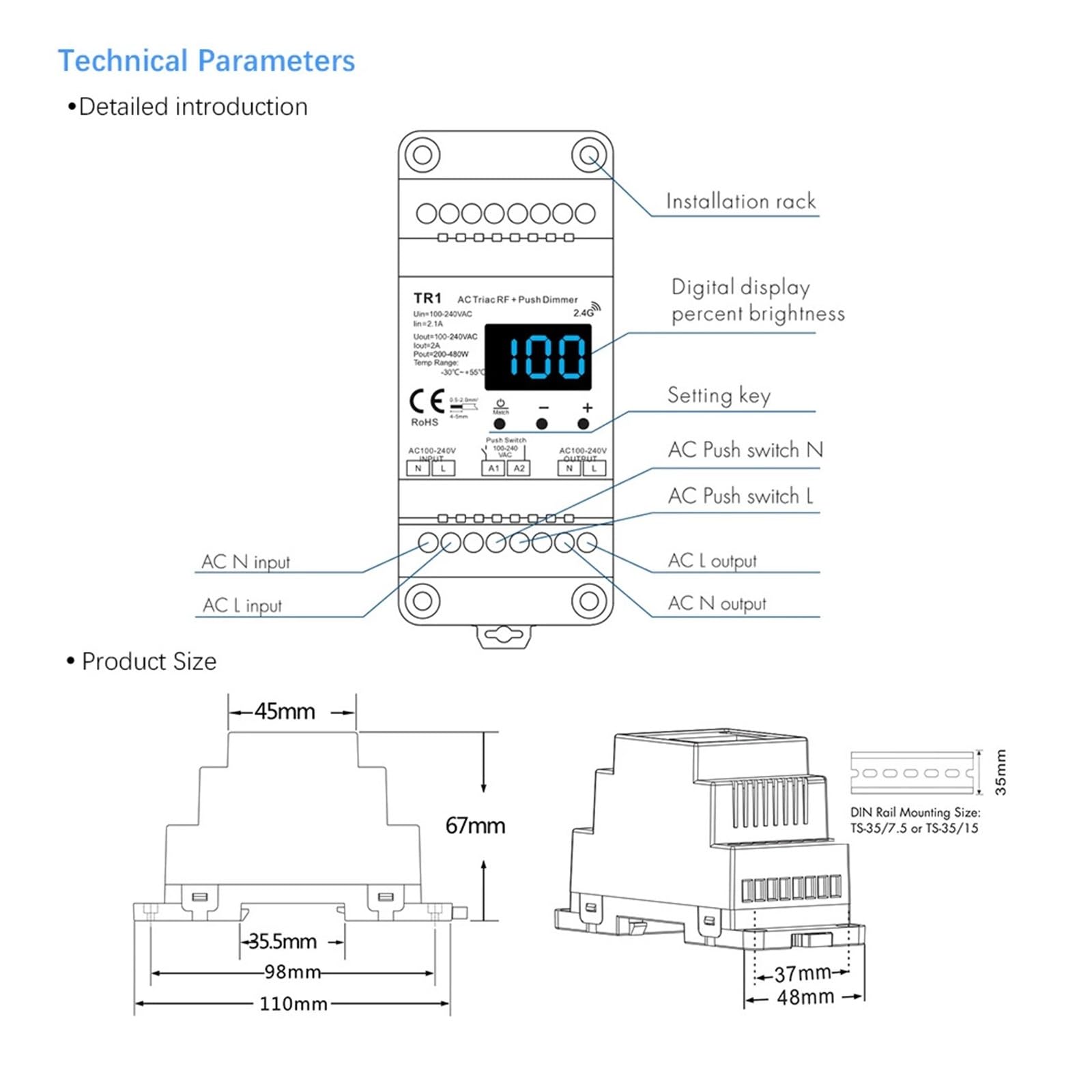 Dimmer LED 220 V 230 V 110 V AC Triac Dimmen Druckknopfschalter mit 2,4 G Fernbedienung Dimmer Schalter DIN Schiene LED Birne(LSD-R1 Remote Only)