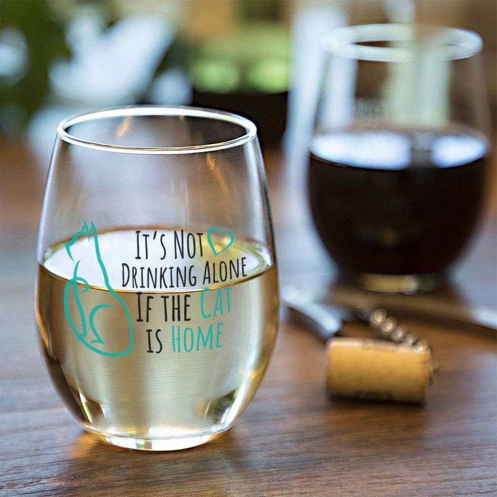 Up To 40% OFF It's Not Drinking Alone if the Cat is Home - Funny Cute Cat Wine Glass, Stemless 15oz. with Gift Box, Cat Mom Wine Glass, Funny Drinking Glasses for Women or Men, Mothers Day Gift, Cat Lovers Present