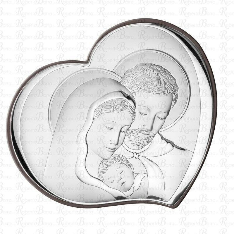 Generico Valenti Pannello Sacro a Cuore con Sacra Famiglia, Argento e Legno, 14,5x12,5 cm