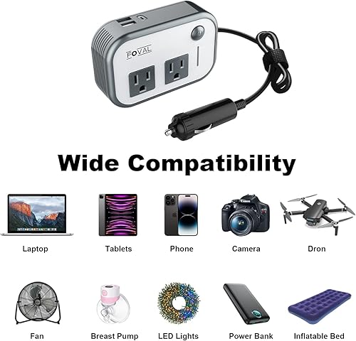 Miniatura 6 de FOVAL Inversor de corriente para automóvil de 200 W, CC 12 V a 110 V CA, cargador rápido con [27 W PD USB-C] y puertos USB duales, adaptador de