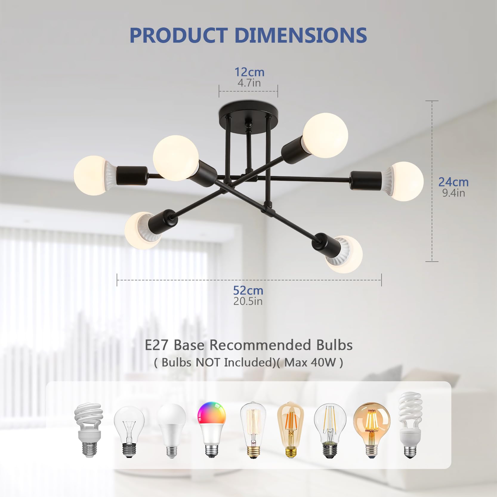 YOODI Lampadario Industriale, 6 Luci Plafoniera Sputnik Vintage, E27 Moderno Lampada da Soffitto in Ferro Nero per Camera da letto, Soggiorno, Sala da Pranzo, Diametro 52cm (Lampadina non inclusa)