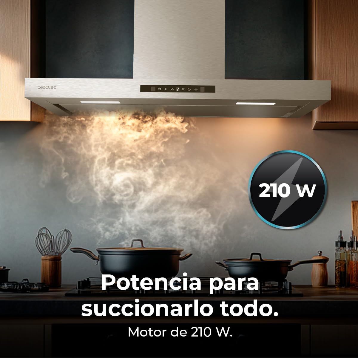 Cecotec Campana Extractora 90 cm Flux TT 908000 Glass Black A++, Clase A, 210W, Fuerza de succión de 800 m³/h, Acabado inoxidable, Control táctil, Hand Movement Control, Delay Funtion, Iluminación LED