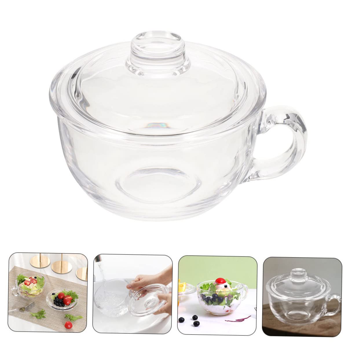 DECHOUS Tazón de Vidrio con Tapa y Asa, 450ml, para Sopa o Desayuno, Mantiene la Comida Limpia, Adecuado para Cocina en Casa