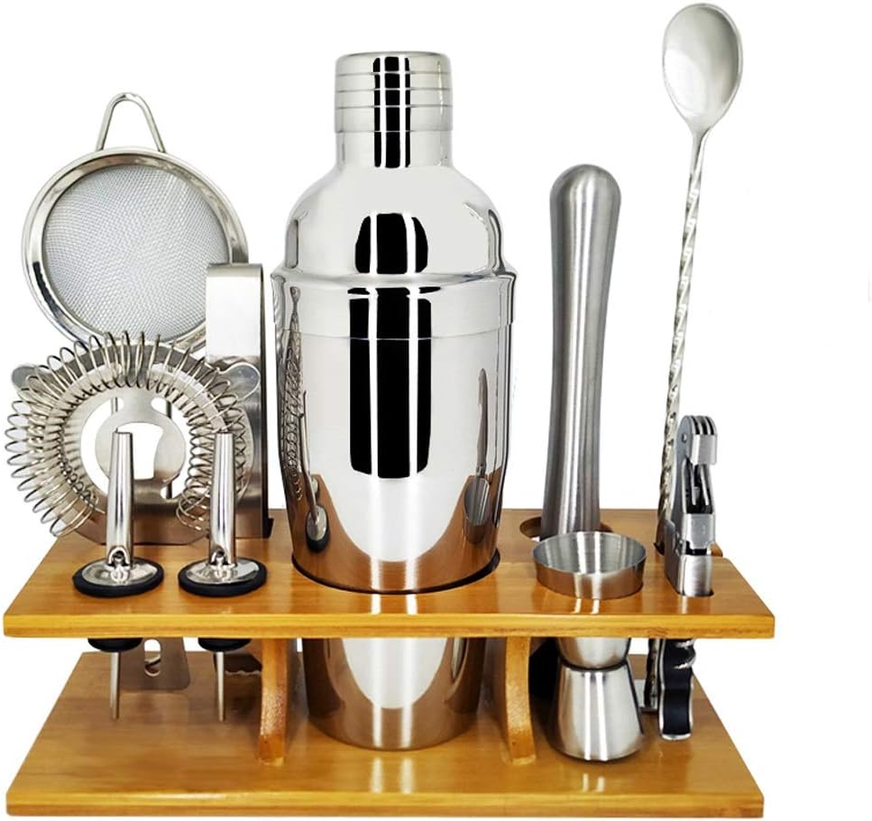 VIDI 11Pcs Bar Set 750ML Cocktail Shaker with Stylish Wooden Stand and Recipes Booklet Home Bartending Kit with Tools