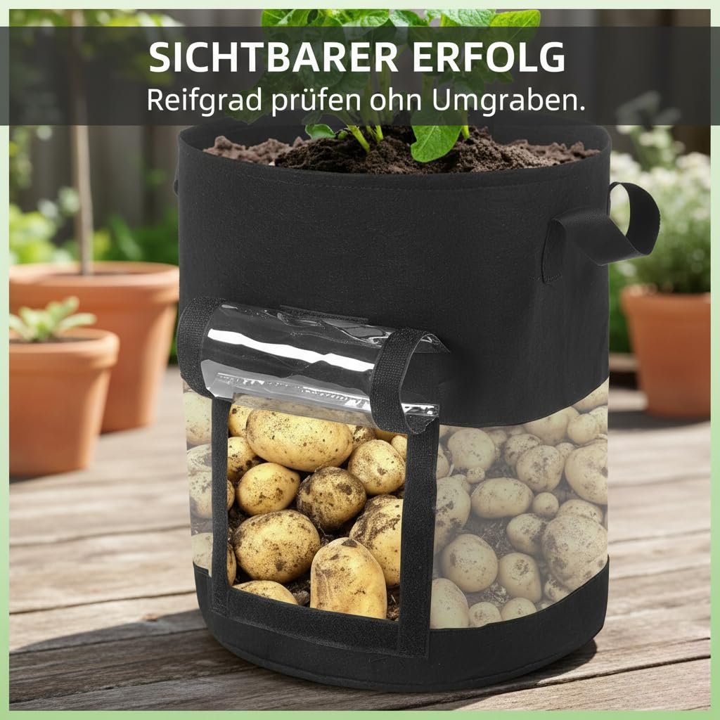 Premium Kartoffel Pflanzsack für effizienten Anbau | 7/10 Gal Vliesstoff-Pflanzbeutel mit Sichtfenster & Tragegriffen | Robuster Stofftopf für Garten & Balkon, Mehrfach verwendbar (4pcs,7 Gallonen)