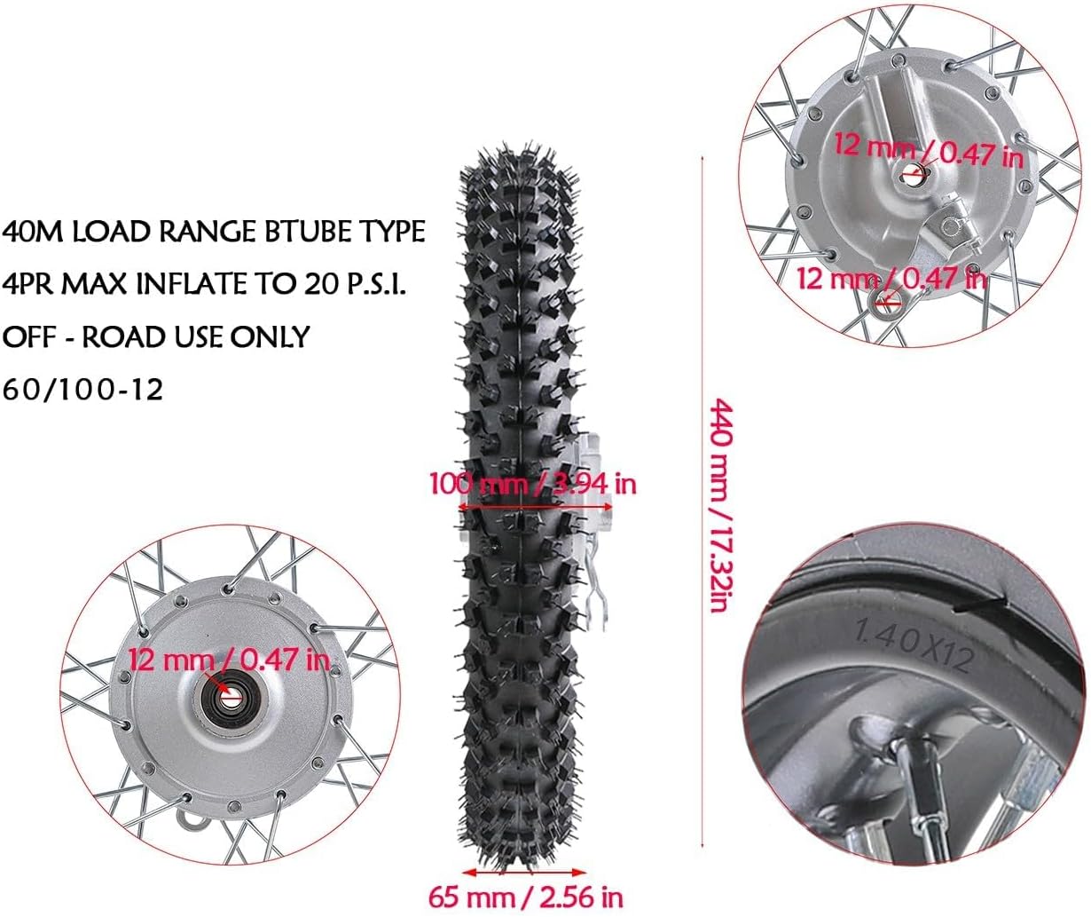 60/100-12" Front & 80/100-10" Rear Dirt Bike Wheel with 12mm Bearings – Drum Brake Assembly for 50cc 70cc 90cc 110cc 125cc CRF50 XR50 Pit Bike Off-Road Motorcycle