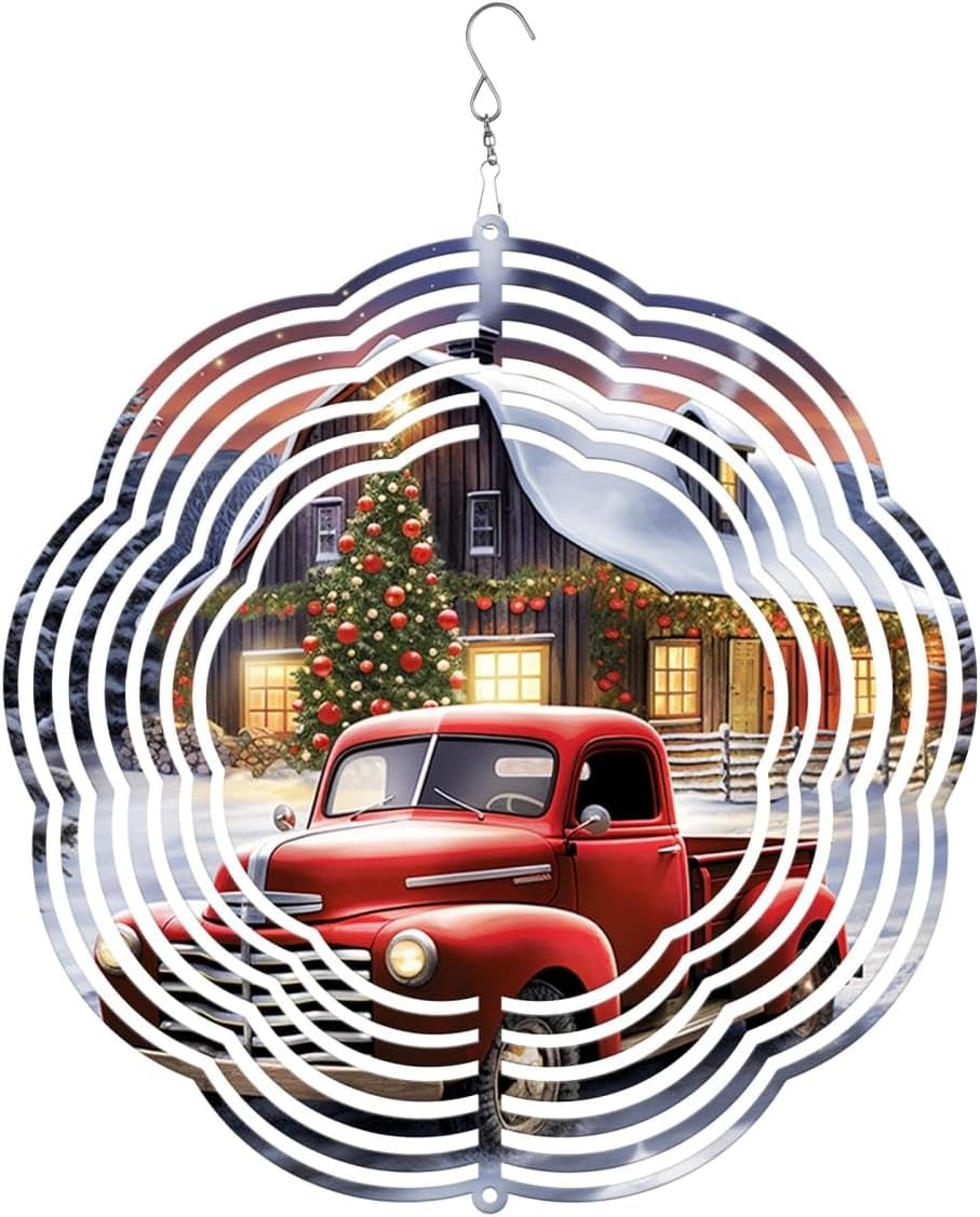 Winter Red Truck Farmhouse Christmas Wind Spinners 3D Stainless Steel Laser Cut Metal Double Sided Printing-Hanging Indoor/Outdoor Decorations Yard Gardening Decor,Metal Kinetic Art 16x16 inches