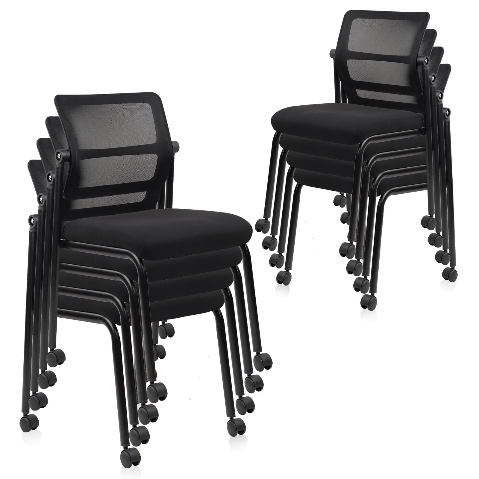 CLATINA Stacking Armless Office Waiting Room Chair with Wheels, Stackable Mesh Guest Reception Desk Chairs with Adjustable Backrest for Conference