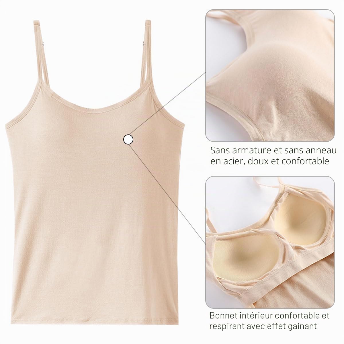 Lot de 5 Camisole Femme Débardeur avec Soutien-Gorge Intégré Caraco Débardeur à Bretelles Spaghetti Réglables Gilet Rembourré Camisole Top T-Shirt sans Manches pour Femme et Fille
