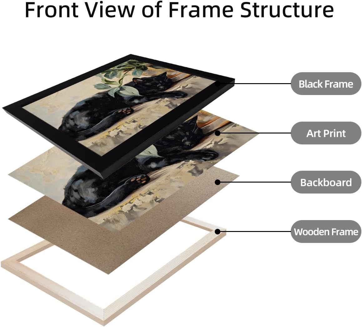 Framed Black Cat Picture Wall Decor Cute Sleeping Cat Wall Art Neutral Plant Wall Decor Pet Print Poster Artworks for Bedroom