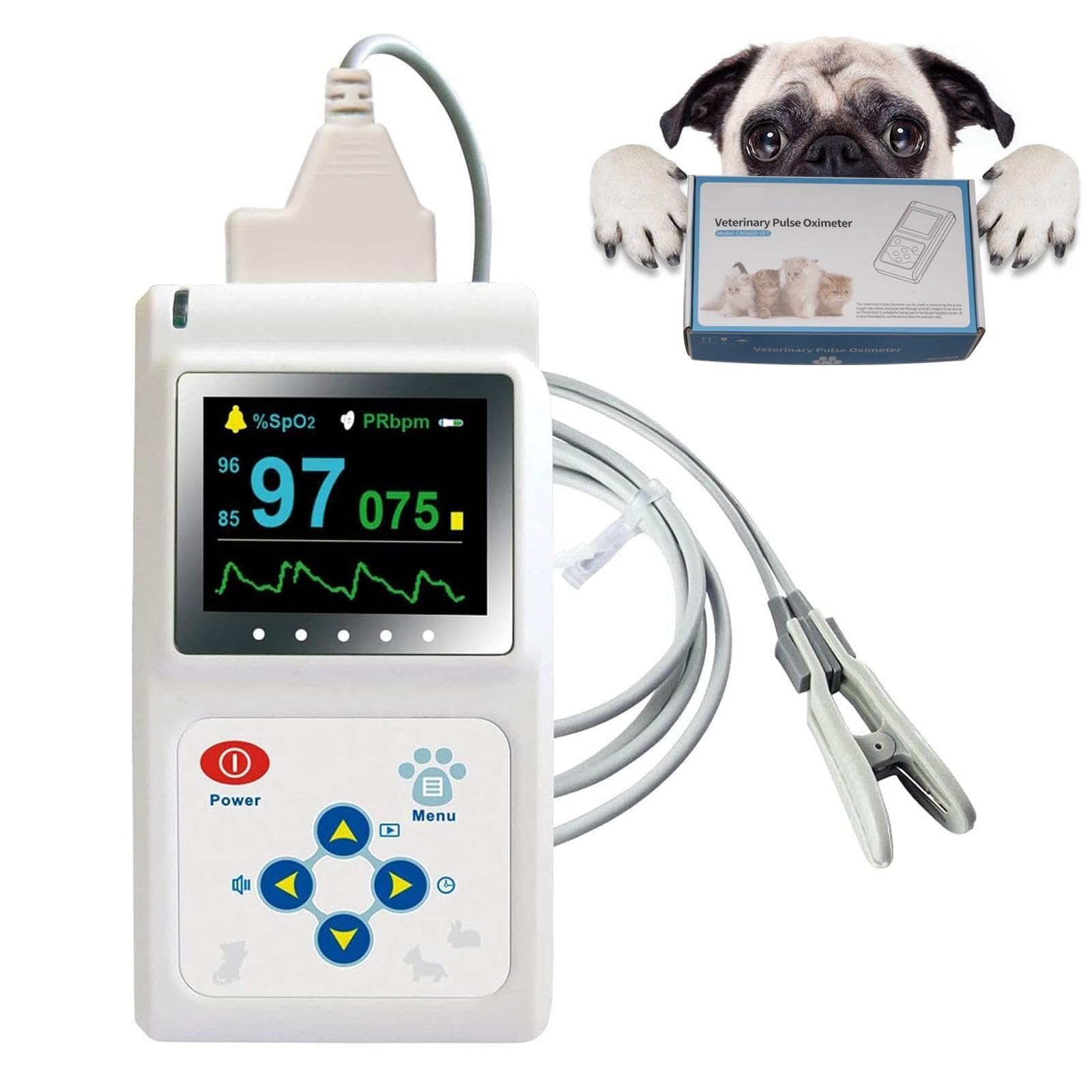 Oxymètre de pouls vétérinaire portable, moniteur de fréquence cardiaque, capteur auriculaire/lingual, avec sonde et câble USB, fonctions de stockage et de lecture