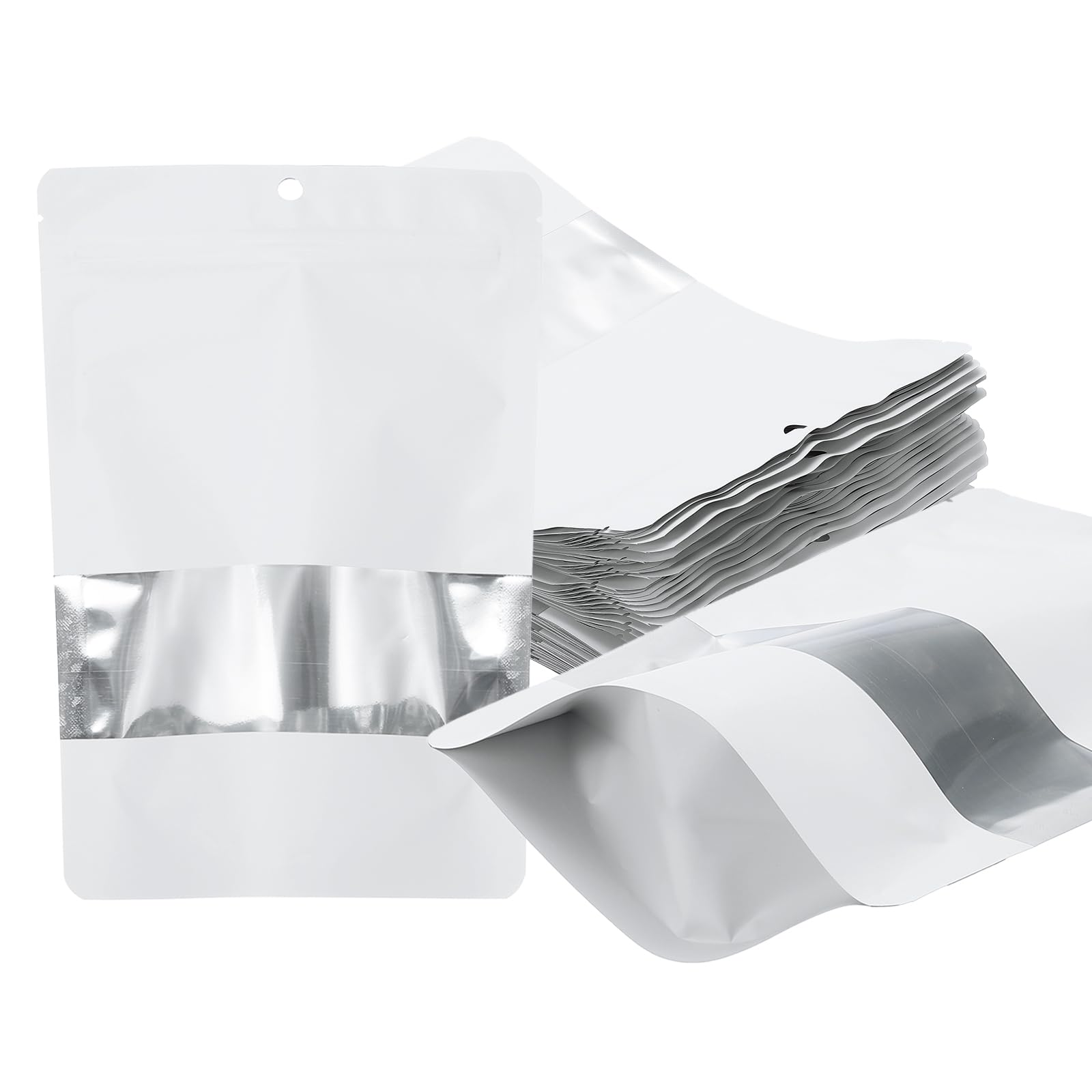 PATIKIL 5.51x7.87 in Stand Up Pouch Bags, 60 Pack Resealable Matte Metallic Aluminum Foil Bags Pouches with Clear Window and Zip for Food Storage Snack Packaging, White