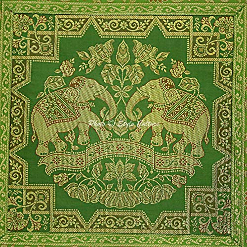 Image of Decorative Brocade Cushion Covers 16x16 Inch Banarasi Jacquard Weave Olive Green & Gold Living Room Elephant Traditional Square 40x40 cm Zippered Sofa Settee Pillowcases -Set of 5 Pcs