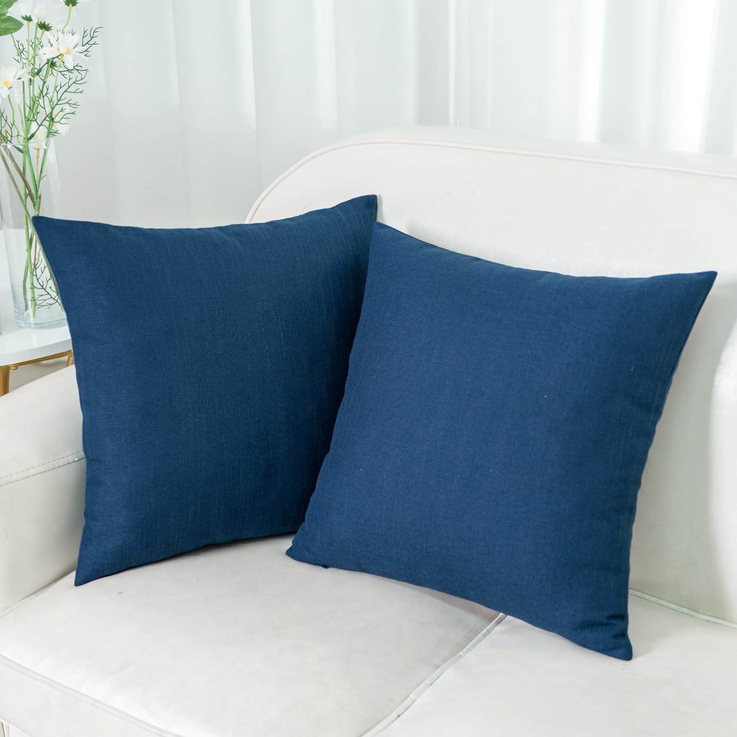 HWY 50 Navy Blue Luxury Faux Linen Cushion Covers 45x45 cm Pack of 2, Rustic Cosy Decorative Throw Pillow Covers for Sofa Couch Bed Living Room