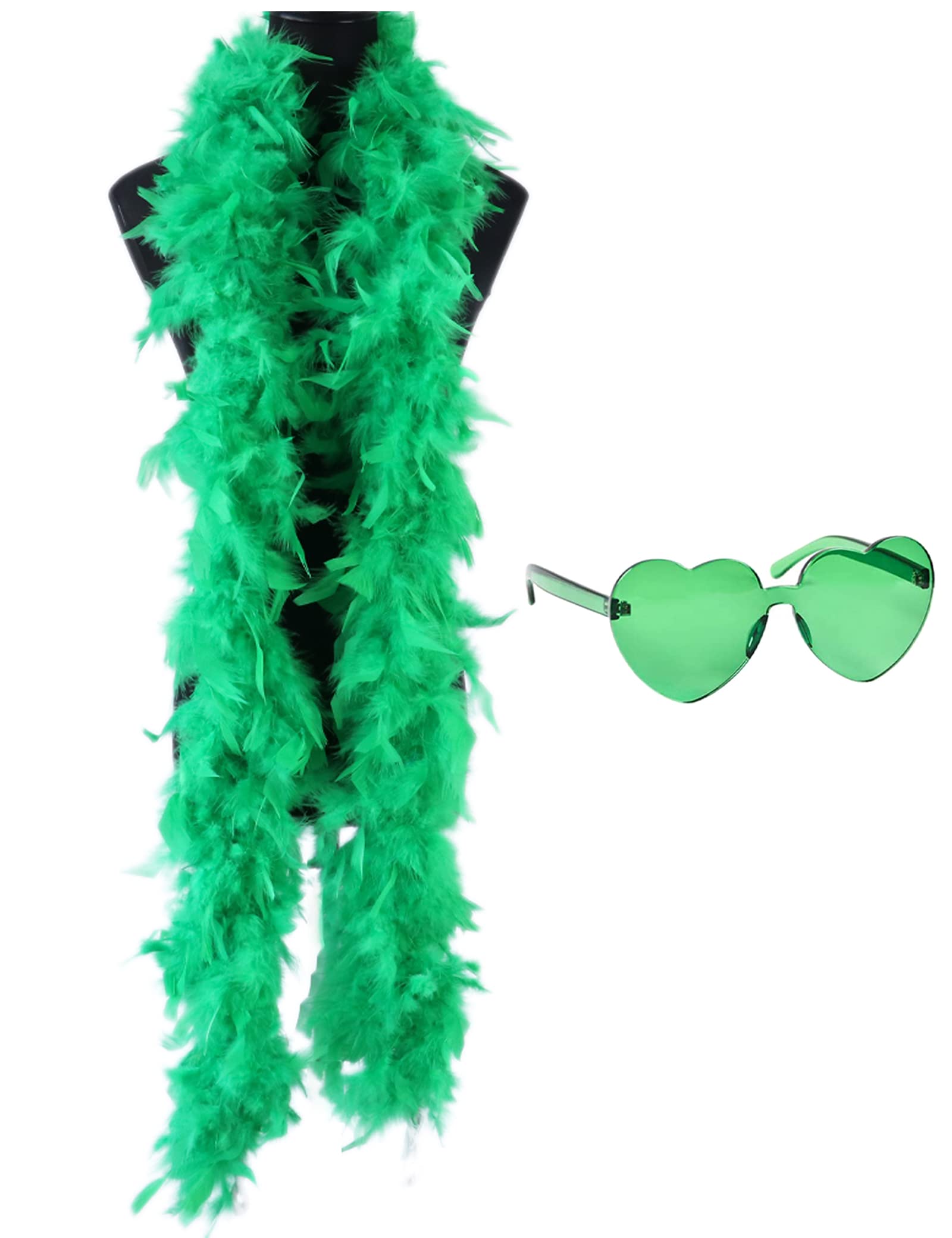 Db11 Women's Green Colorful Feather Boas, 6.6Ft Feather Boa For For Dancing Wedding Party Cosplay Halloween,With Heart Rimless Sunglasses (Green)