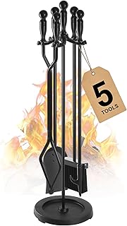 Gtongoko Fireplace Tools Set 5 Pcs 30.5 Inch Black Wrought Iron Large Fire Place Tool Set Indoor/Outdoor Include Poker, Shovel, Brush, Tong and Round Stand, Fireplace Kit Accessories Set