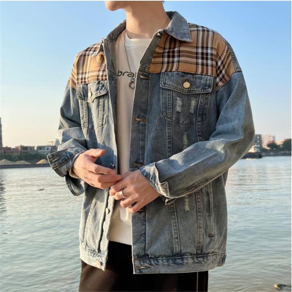 Retro Loose Stitching Jacket Denim Men's Tooling Spring And Autumn(6XL code)