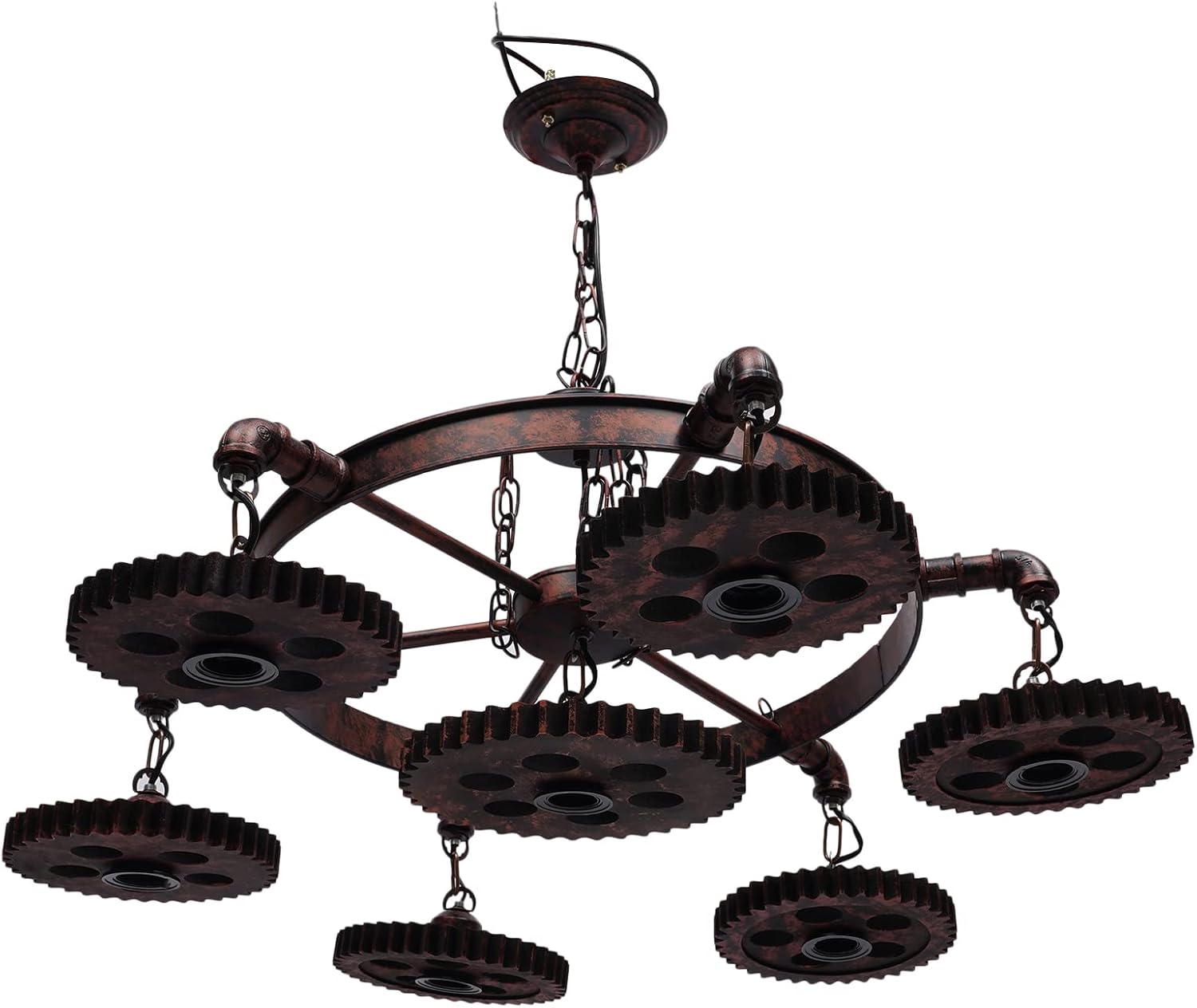 7-Light Iron Wagon Wheel Pendant Lights, Farmhouse Style Adjustable Height Suspension Ceiling Light Fixture, Retro Pendant Chandelier for Living Room, Dining Room, Foyer, High Ceiling