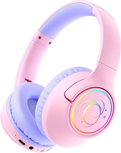 Kids Bluetooth Headphones, 85H Playtime Wireless Headphones for Kids, Colorful LED Lights, 85/94dB Safe Volume Limit, Bluetooth 5.4 Built-in Mic Toddler Headset for Tablet/Airplane/Travel (Pink)