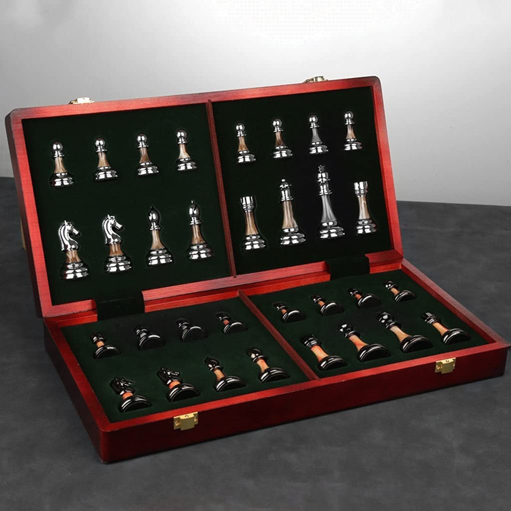 Scacchi Set di Scacchi in Metallo in Legno con Scacchiera Pieghevole in Legno Massello E Pezzi degli Scacchi in Finta Giada Partita Chess