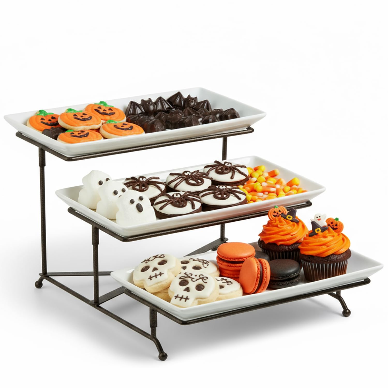 LAUCHUH 3 Tier Serving Tray Porcelain Tiered Serving Stand Collapsible Sturdier Rack with 3 Serving Platters & 2 Cross Bars for Halloween, Fruit Dessert Party Display Set, 12 Inch, Bronze