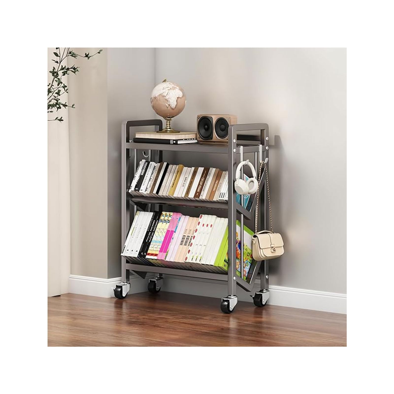Book Carts with Wheels, Library Rolling Book Cart 2/3/4/5 Tier Movable Bookshelf Mobile Large Capacity L-Shaped Carbon Steel Organizer Rack for Office, Home, Classroom(Gris,3 Tiers-27.6x9.8x32.1in)