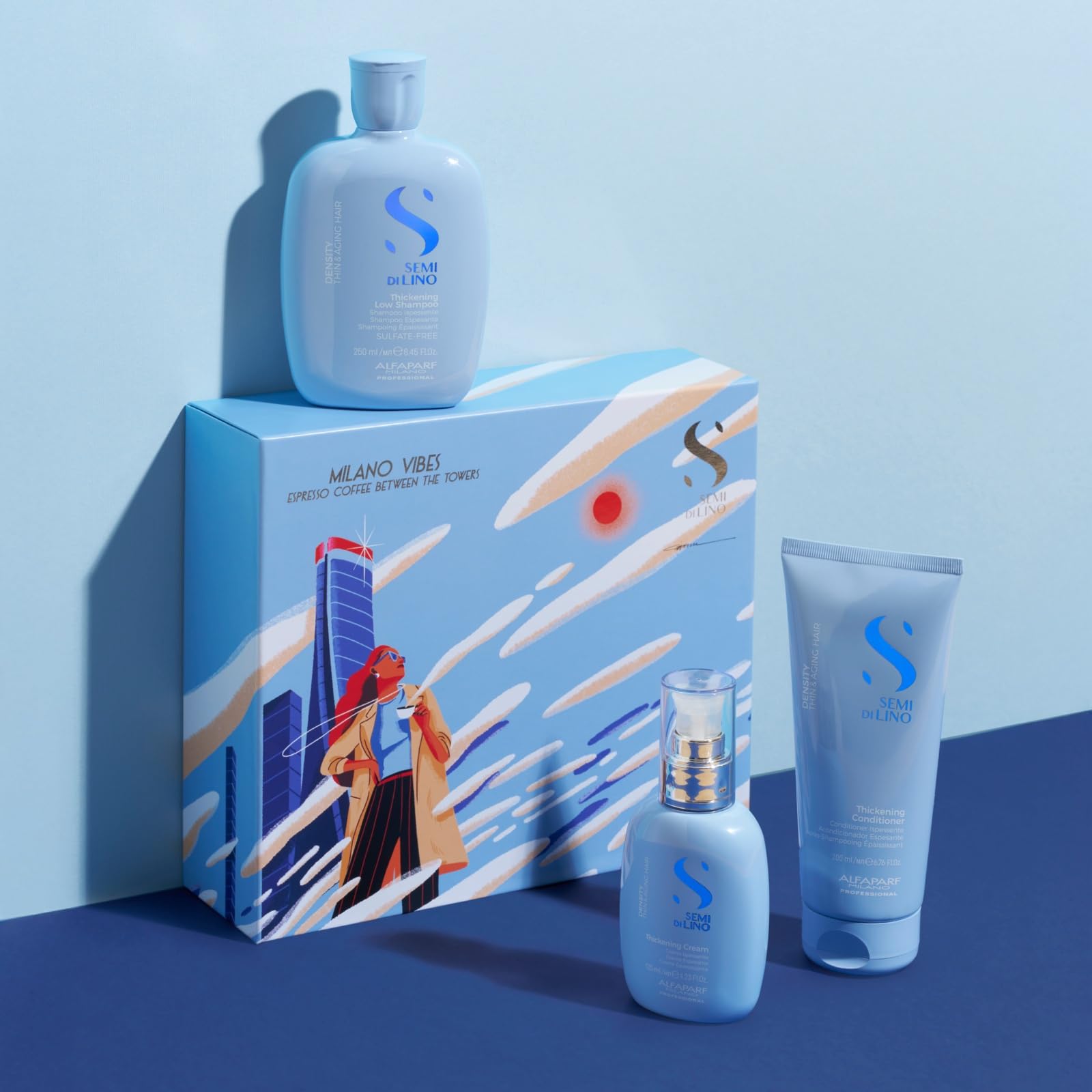 Alfaparf Milano Semi di Lino Density Gift Set for Thin and Aging Hair - Thickening Shampoo, Conditioner and Leave-In Volumizing Cream - Sulfate Free